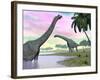 Two Brachiosaurus Dinosaurs in Landscape with Water and Palm Trees-null-Framed Art Print