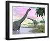 Two Brachiosaurus Dinosaurs in Landscape with Water and Palm Trees-null-Framed Art Print