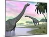 Two Brachiosaurus Dinosaurs in Landscape with Water and Palm Trees-null-Mounted Art Print