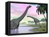 Two Brachiosaurus Dinosaurs in Landscape with Water and Palm Trees-null-Framed Stretched Canvas