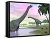Two Brachiosaurus Dinosaurs in Landscape with Water and Palm Trees-null-Framed Stretched Canvas