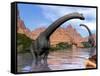 Two Brachiosaurus Dinosaurs in Water Next to Red Rock Mountains-null-Framed Stretched Canvas