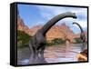 Two Brachiosaurus Dinosaurs in Water Next to Red Rock Mountains-null-Framed Stretched Canvas