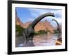 Two Brachiosaurus Dinosaurs in Water Next to Red Rock Mountains-null-Framed Art Print