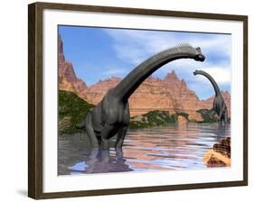 Two Brachiosaurus Dinosaurs in Water Next to Red Rock Mountains-null-Framed Art Print