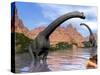 Two Brachiosaurus Dinosaurs in Water Next to Red Rock Mountains-null-Stretched Canvas