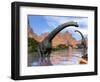 Two Brachiosaurus Dinosaurs in Water Next to Red Rock Mountains-null-Framed Art Print