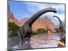 Two Brachiosaurus Dinosaurs in Water Next to Red Rock Mountains-null-Mounted Art Print