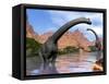 Two Brachiosaurus Dinosaurs in Water Next to Red Rock Mountains-null-Framed Stretched Canvas