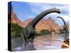 Two Brachiosaurus Dinosaurs in Water Next to Red Rock Mountains-null-Stretched Canvas