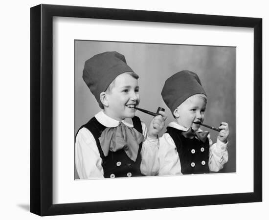 Two Brothers in Bavarian Costumes Pretend to Smoke Pipes, Ca. 1947-null-Framed Photographic Print