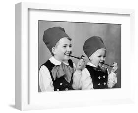 Two Brothers in Bavarian Costumes Pretend to Smoke Pipes, Ca. 1947-null-Framed Photographic Print