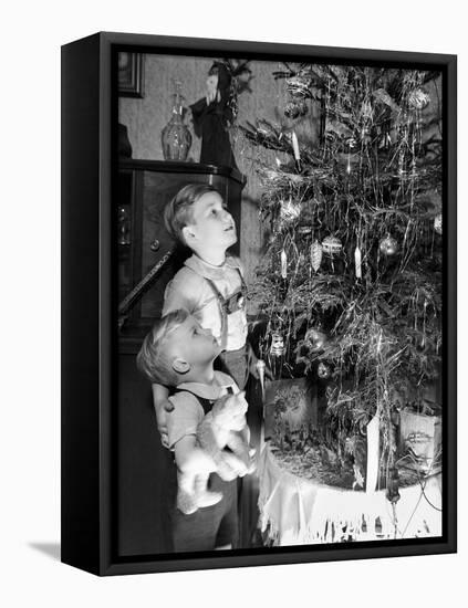 Two Brothers Look at a Christmas Tree in their Living Room in Germany, Ca. 1949-null-Framed Stretched Canvas