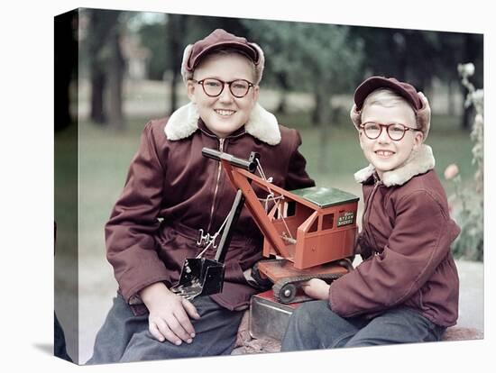 Two Brothers Play with a Buddy L Steam Shovel Toy in Wisconsin, Ca. 1953-null-Stretched Canvas