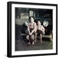 Two Brothers Sit on the Bumper of the Family Mercedes Benz in Germany, Ca. 1949-null-Framed Photographic Print