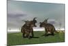 Two Brown Einiosaurus Dinosaurs Confront Each Other in an Open Field-null-Mounted Art Print