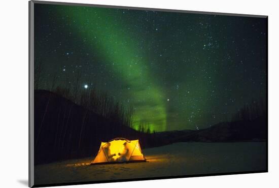 Two Campers Drinking a Bottle of Wine in a Tent under the Northern Lights-Jami Tarris-Mounted Premium Photographic Print