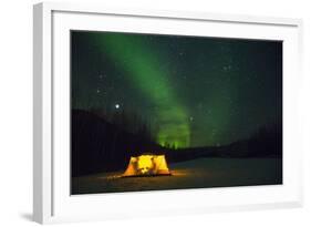 Two Campers Drinking a Bottle of Wine in a Tent under the Northern Lights-Jami Tarris-Framed Photographic Print