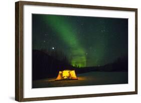 Two Campers Drinking a Bottle of Wine in a Tent under the Northern Lights-Jami Tarris-Framed Photographic Print