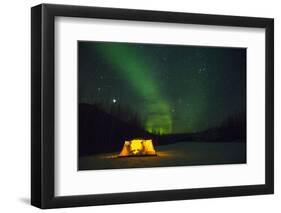 Two Campers Drinking a Bottle of Wine in a Tent under the Northern Lights-Jami Tarris-Framed Photographic Print