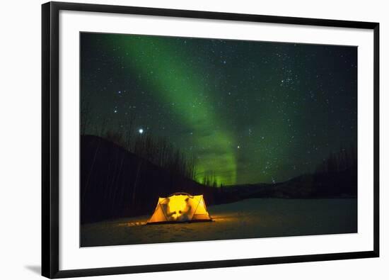 Two Campers Drinking a Bottle of Wine in a Tent under the Northern Lights-Jami Tarris-Framed Photographic Print