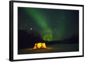 Two Campers Drinking a Bottle of Wine in a Tent under the Northern Lights-Jami Tarris-Framed Photographic Print