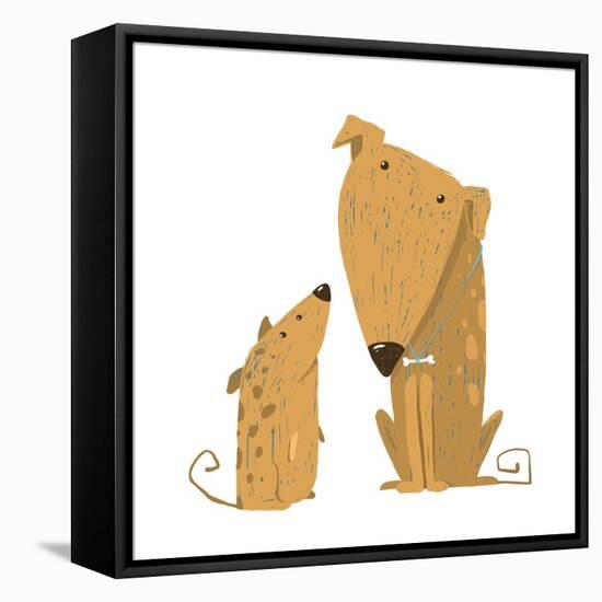 Two Cartoon Brown Dog Parent and Kid. Animal Pet Friend, Drawing Puppy, Breed Doggy, Vector Illustr-Popmarleo-Framed Stretched Canvas