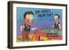 Two Cartoon Men Play Pool, Here's Your Cue-Lantern Press-Framed Art Print