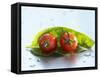 Two Cherry Tomatoes on a Basil Leaf-Roland Krieg-Framed Stretched Canvas