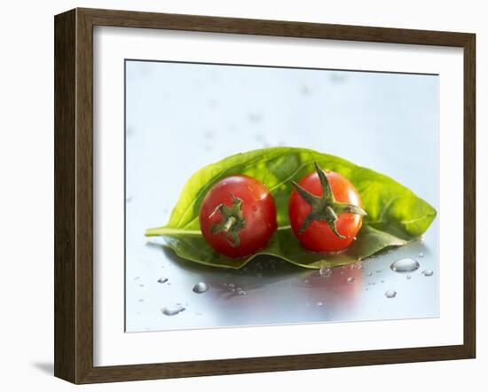 Two Cherry Tomatoes on a Basil Leaf-Roland Krieg-Framed Photographic Print