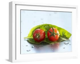 Two Cherry Tomatoes on a Basil Leaf-Roland Krieg-Framed Photographic Print