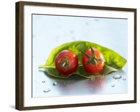 Two Cherry Tomatoes on a Basil Leaf-Roland Krieg-Framed Photographic Print