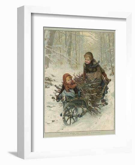 Two Children Bring Home a Barrow-Load of Firewood for the Christmas Fire-E. Blume-Framed Photographic Print