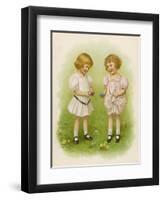 Two Children Compare Their Eggs on the Grass-Ida Waugh-Framed Art Print