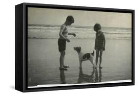 Two Children on Beach with Dog-null-Framed Stretched Canvas