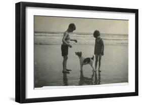 Two Children on Beach with Dog-null-Framed Photographic Print