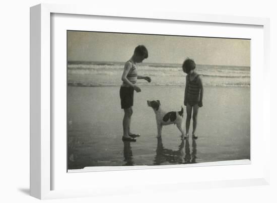 Two Children on Beach with Dog-null-Framed Photographic Print