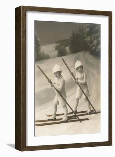 Two Children on Skis with Barge Poles-null-Framed Art Print