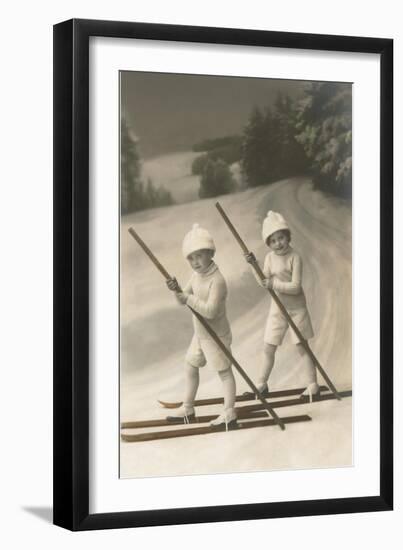 Two Children on Skis with Barge Poles-null-Framed Art Print