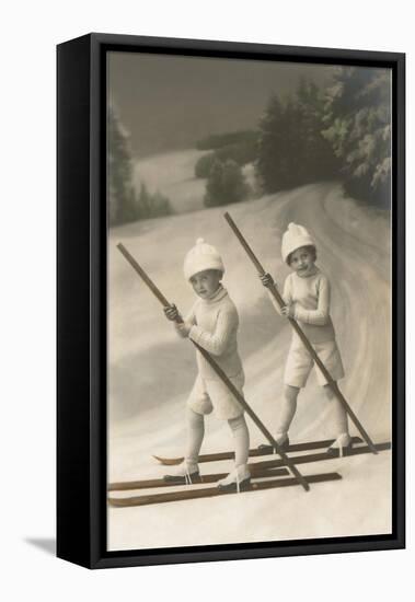 Two Children on Skis with Barge Poles-null-Framed Stretched Canvas