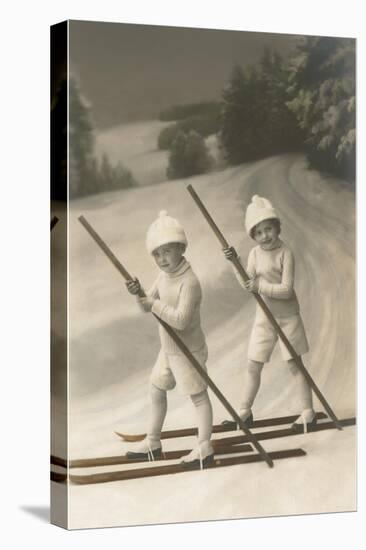 Two Children on Skis with Barge Poles-null-Stretched Canvas