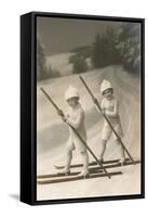 Two Children on Skis with Barge Poles-null-Framed Stretched Canvas