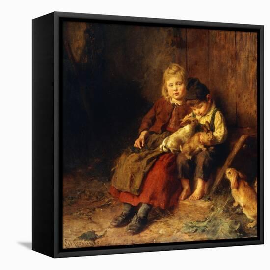 Two Children Playing with Rabbits-Felix Schlesinger-Framed Stretched Canvas