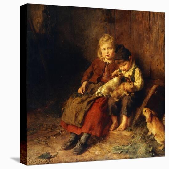 Two Children Playing with Rabbits-Felix Schlesinger-Stretched Canvas