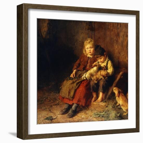 Two Children Playing with Rabbits-Felix Schlesinger-Framed Premium Giclee Print