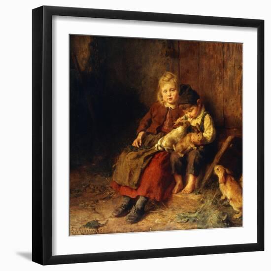 Two Children Playing with Rabbits-Felix Schlesinger-Framed Premium Giclee Print
