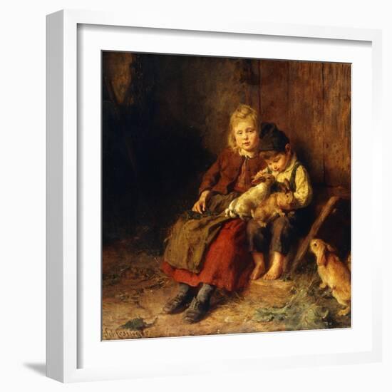 Two Children Playing with Rabbits-Felix Schlesinger-Framed Premium Giclee Print