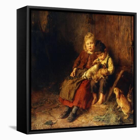 Two Children Playing with Rabbits-Felix Schlesinger-Framed Stretched Canvas