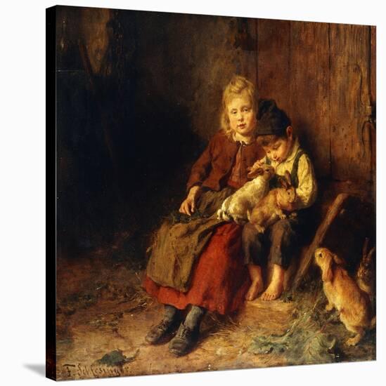 Two Children Playing with Rabbits-Felix Schlesinger-Stretched Canvas