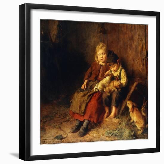 Two Children Playing with Rabbits-Felix Schlesinger-Framed Giclee Print